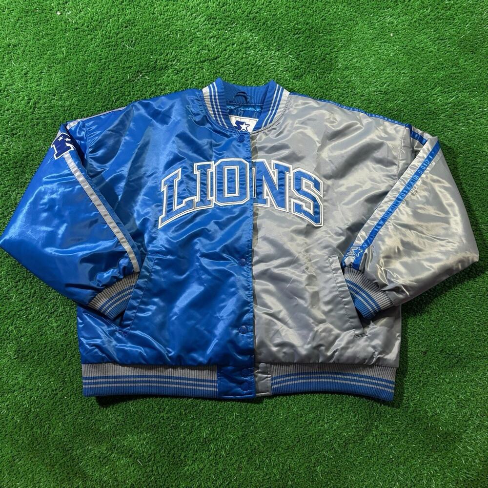Starter‎ Detroit Lions Women’s XL Satin Varsity Jacket Split Blue Silver NWOT